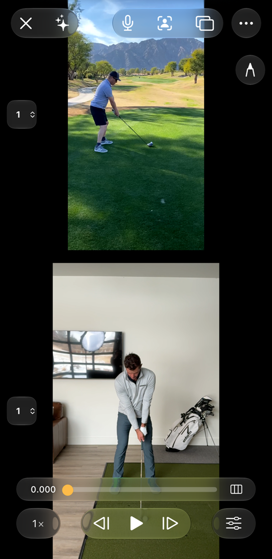 Compare screen on iPhone with two golf swings stacked, one above the other, and the playback controls at the bottom.
