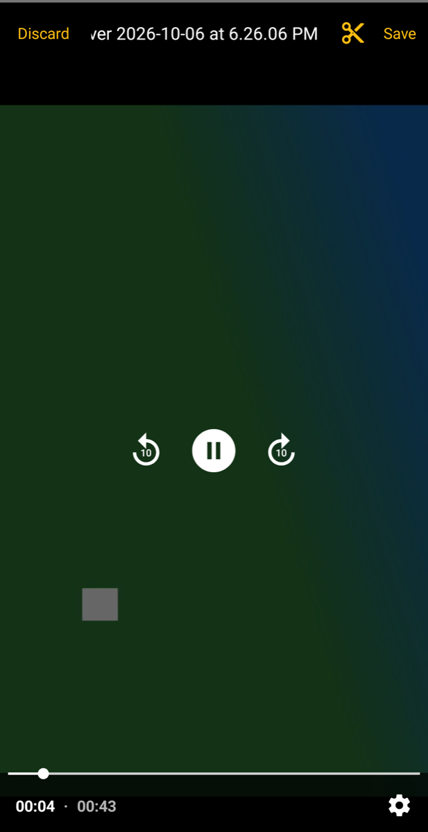 Voice-over review screen with Discard, the title, a scissors button for trimming, and Save across the top.