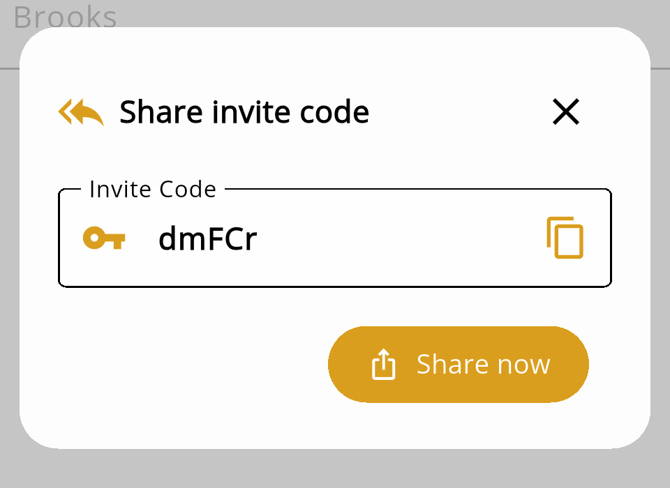 Share invite code dialog showing a 5-character invite code, a copy button and a Share now button.