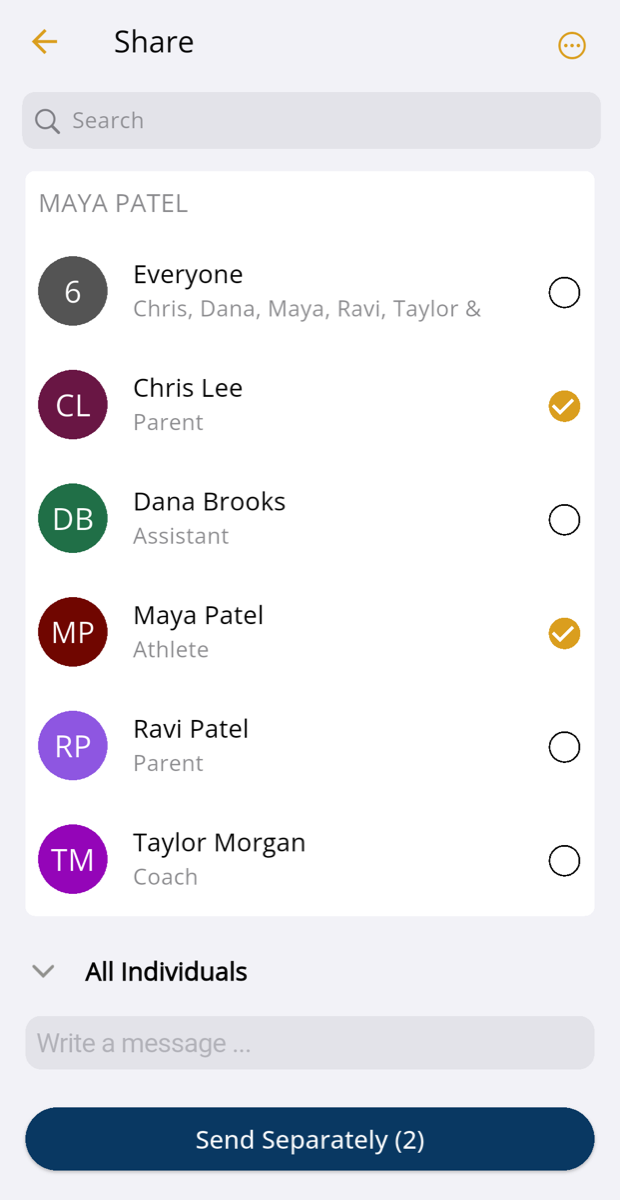 Share screen listing the Everyone group and individual people, with two people ticked and a Send Separately (2) button.